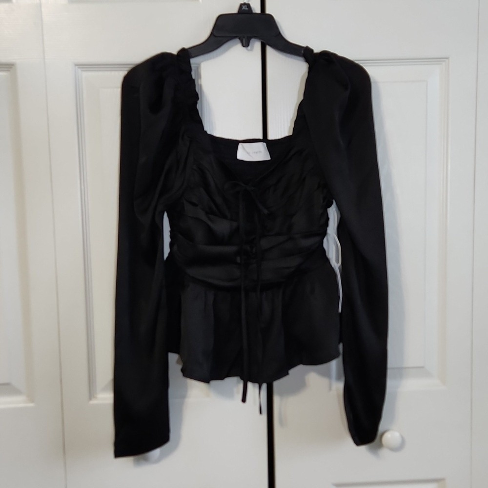 Six Fifty Womens Black Ruby Blouse Size SM Smockedโ Puff Shoulders Milkmaid Goth